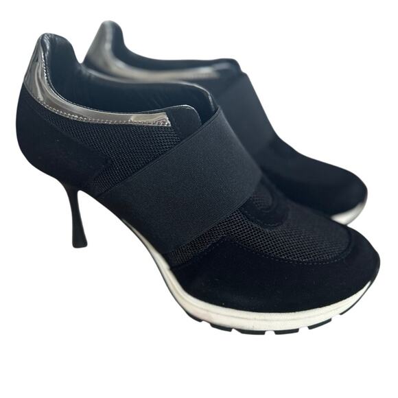 Sneex The Icon Black Metallic Silver Slip On High Heeled Sneaker NWOT - Picture 1 of 11